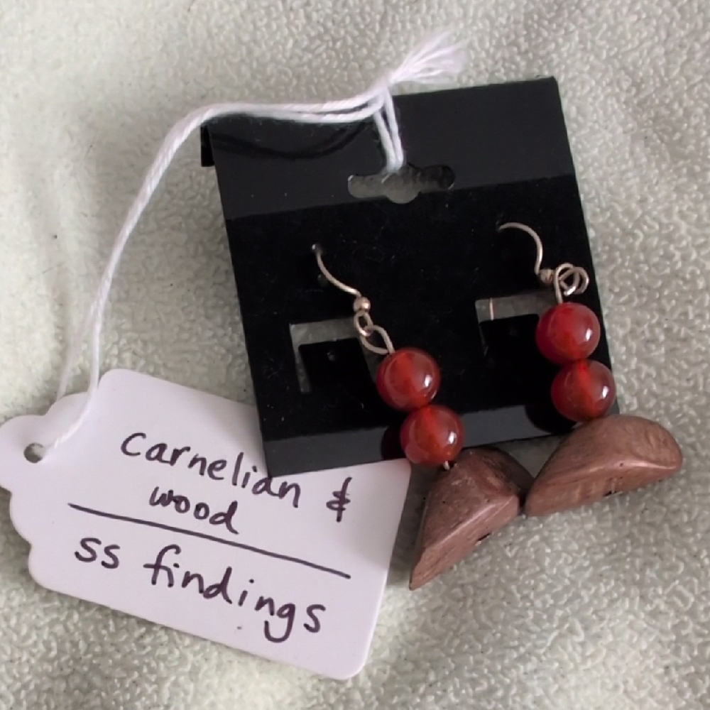 Carnelian and Wood 925 Sterling Earrings